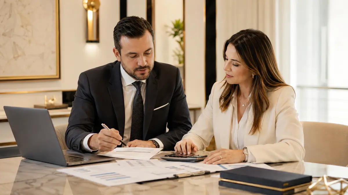 Reunião entre advogado e assistente técnico analisando documentos